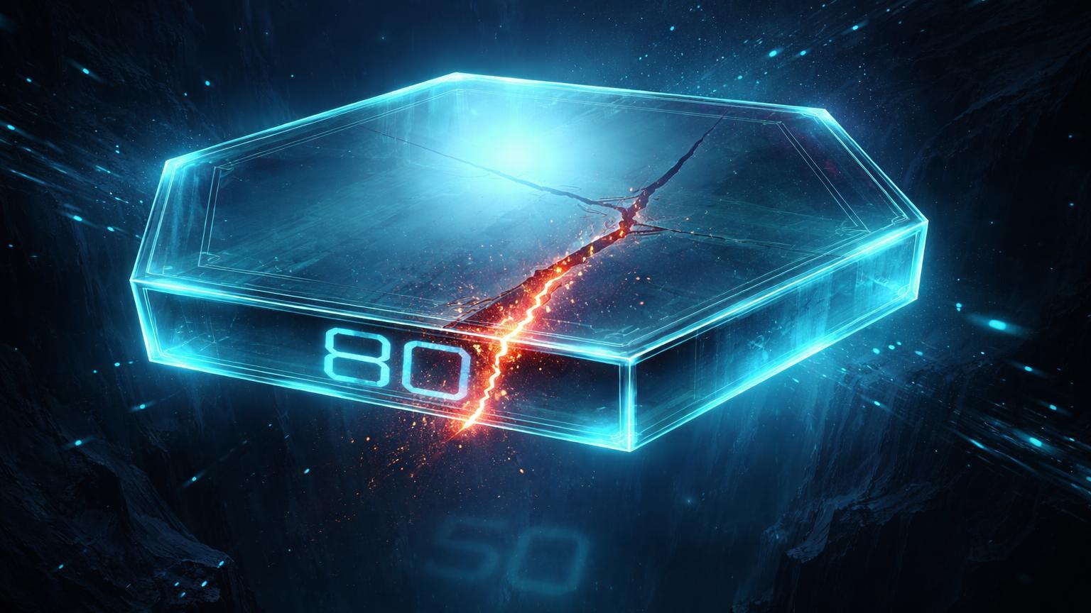 Plataforma glass cyan translúcida rachando no suporte 80 sobre abismo com sombra de 50, simbolizando correção e risco na Solana