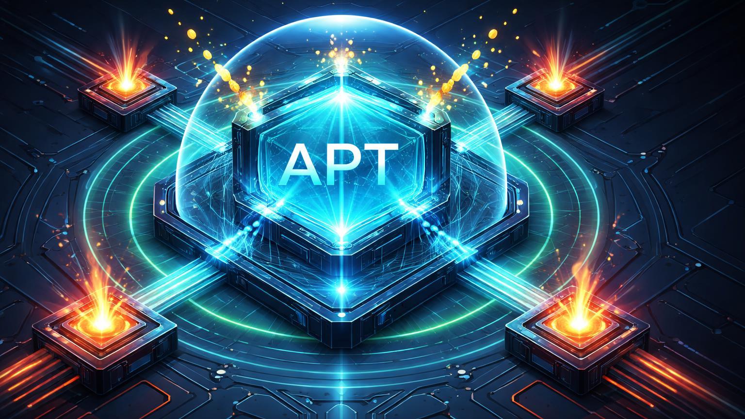 Estrutura isométrica de rede Aptos com núcleo 'APT' se condensando por atração de tokens e queima periférica, simbolizando reforma tokenômica deflacionária