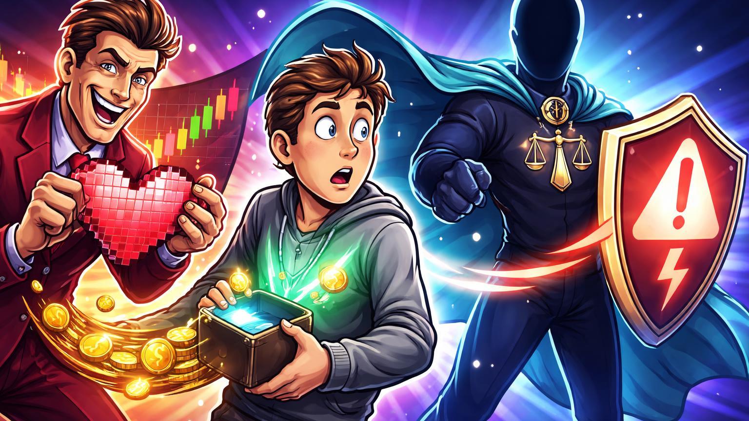 Personagens cartoon: golpista sedutor atraindo vítima com cripto falsa enquanto procurador NYAG intervém com escudo de alerta contra golpe pig butchering