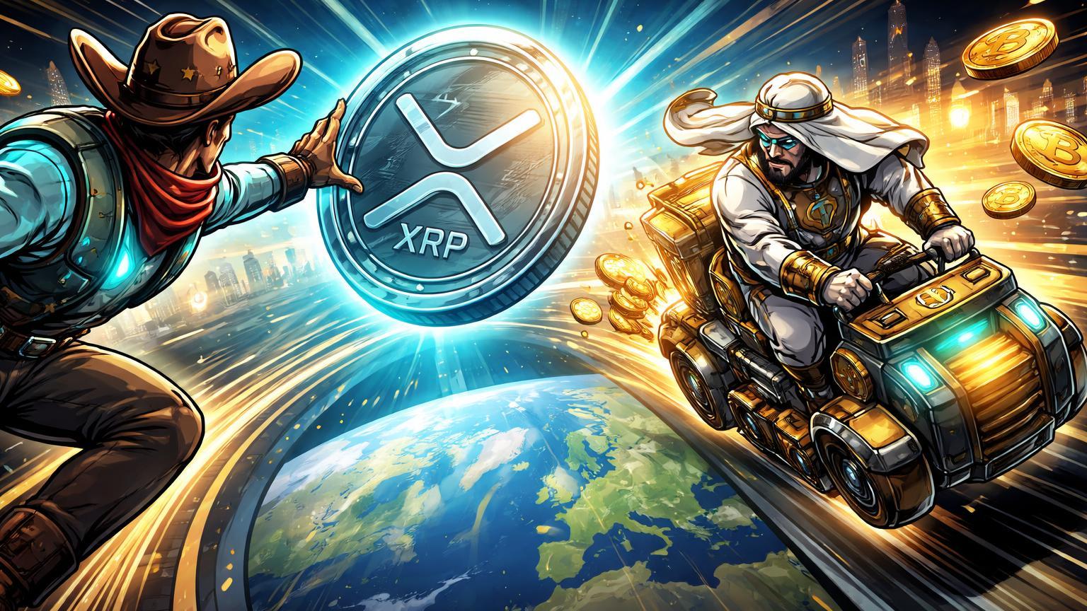 Personagens cartoon de Arizona e UAE em corrida dinâmica por moeda XRP e mineração Bitcoin, simbolizando corrida global soberana por criptoativos
