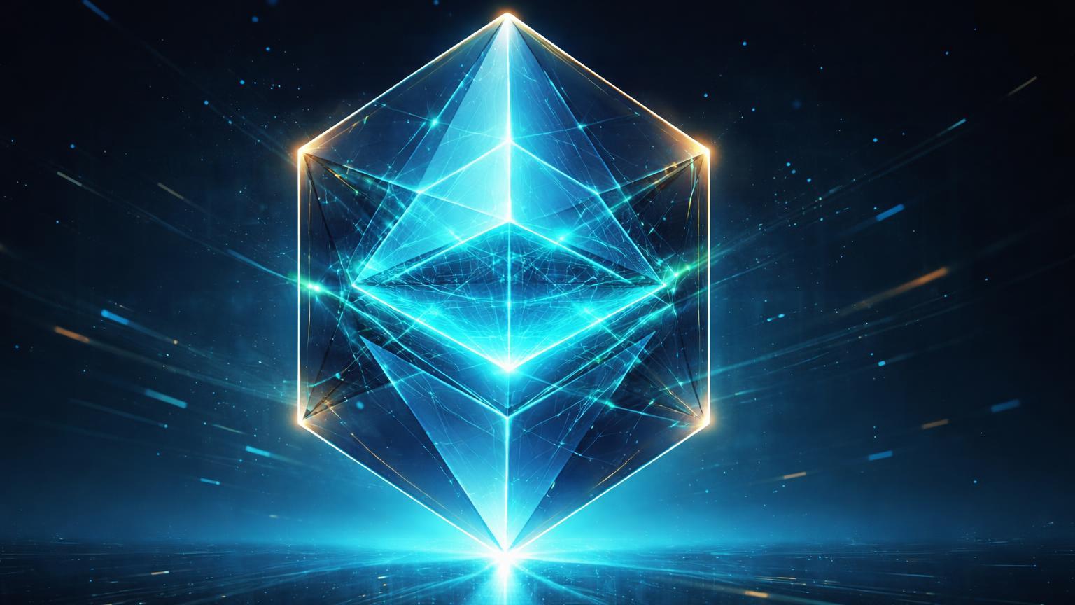Prisma hexagonal translúcido com camadas internas se realinhando e selando rachaduras cyan, simbolizando reestruturação de segurança no Ethereum e Base