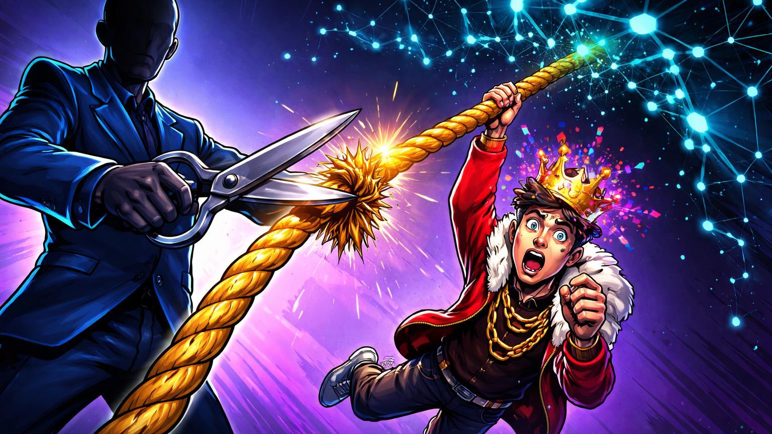 Executivo CZ cartoon cortando corda dourada que prende influenciador com coroa glitch IA, simbolizando abandono por polêmica no ecossistema Binance