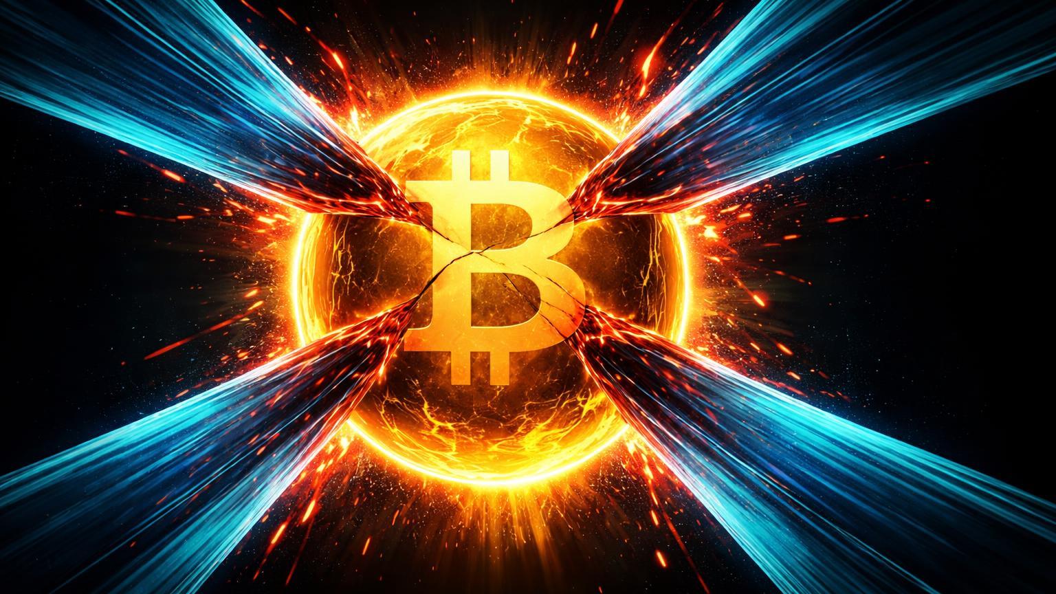 Esfera dourada comprimida por bandas geométricas tensionadas com rachaduras vermelhas, simbolizando squeeze histórico das Bandas de Bollinger no Bitcoin