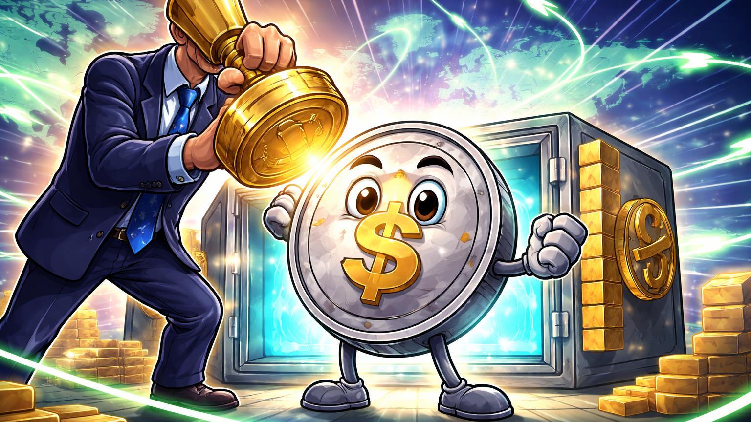 Personagem regulador cartoon carimbando selo dourado em stablecoin antropomorfizada com cofre se abrindo, simbolizando status de reserva bancária EUA para remessas