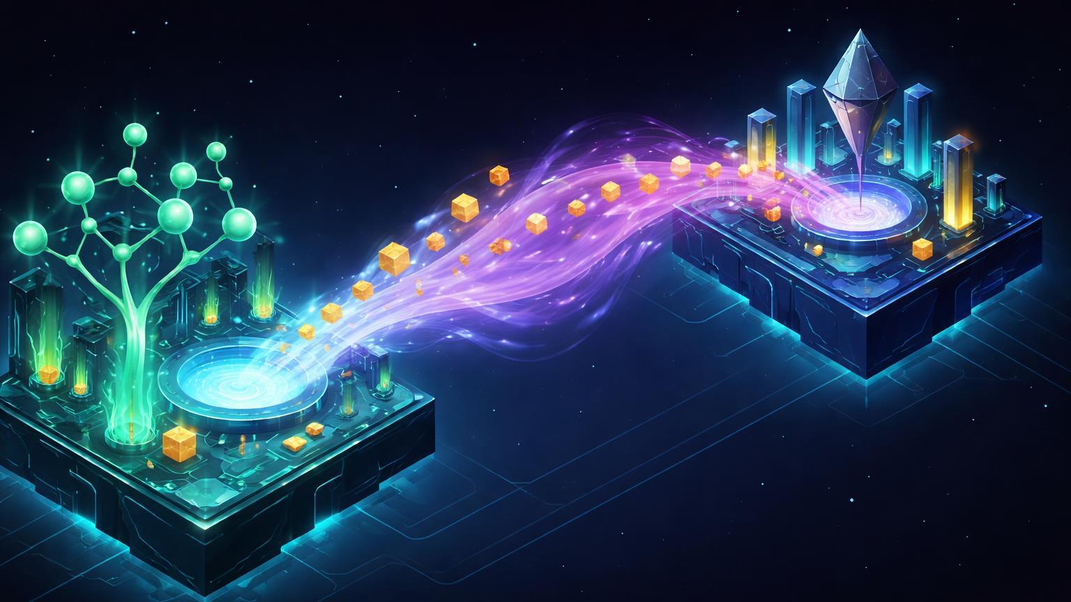 Plataformas blockchain isométricas conectadas por ponte com véu de névoa privativa, ilustrando migração NilChain e integração Dash-Zcash