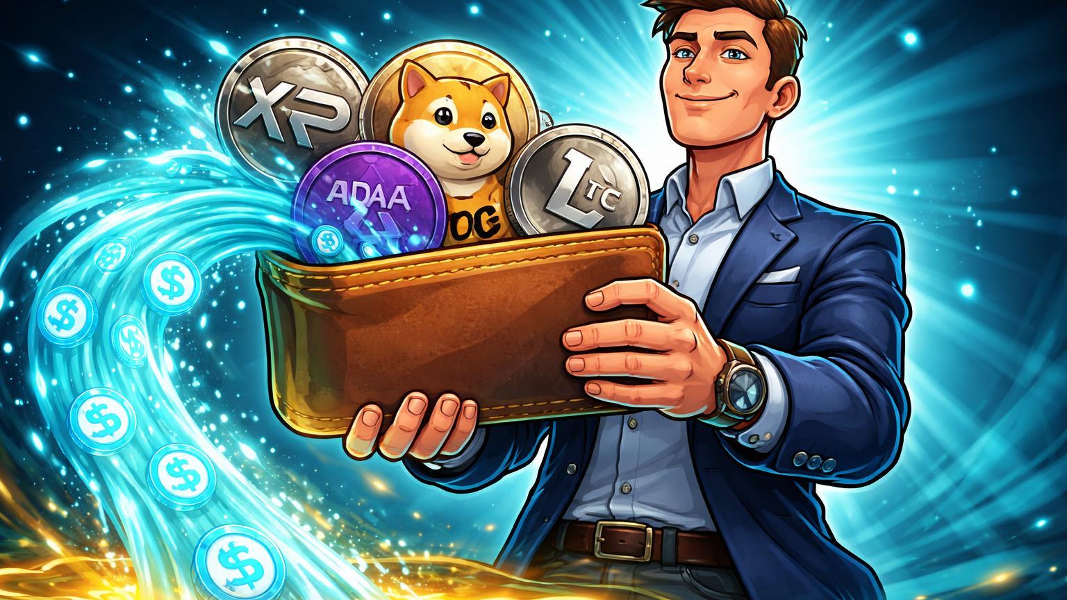 Investidor cartoon com carteira de XRP, DOGE, ADA e LTC liberando fluxo de USDC sem venda, ilustrando empréstimos da Coinbase para holders brasileiros