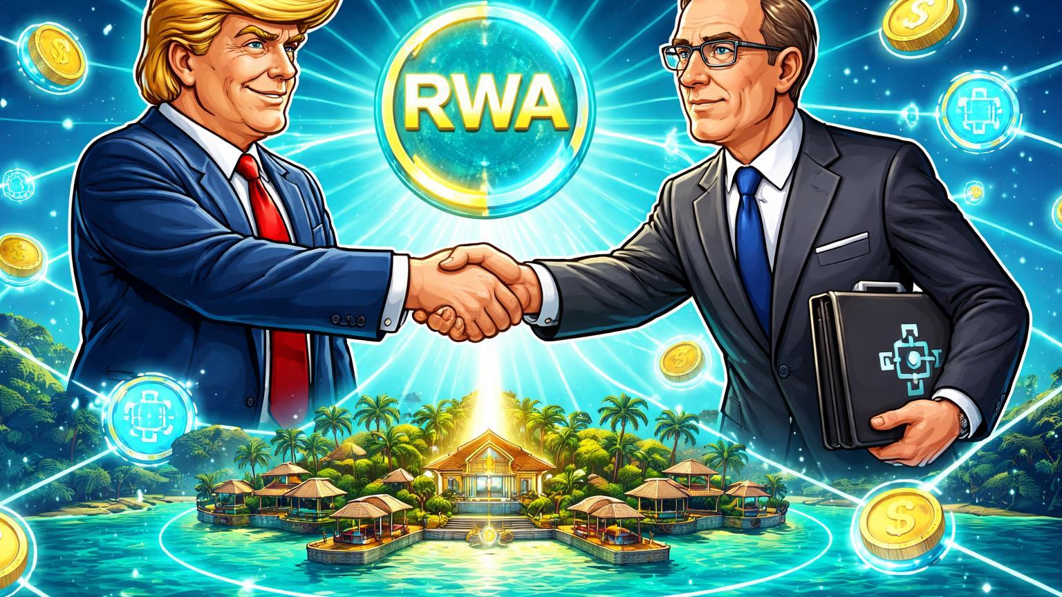 Personagens cartoon estilizados de Trump e BlackRock tokenizando resort Maldives em tokens blockchain, marco em RWAs institucionais