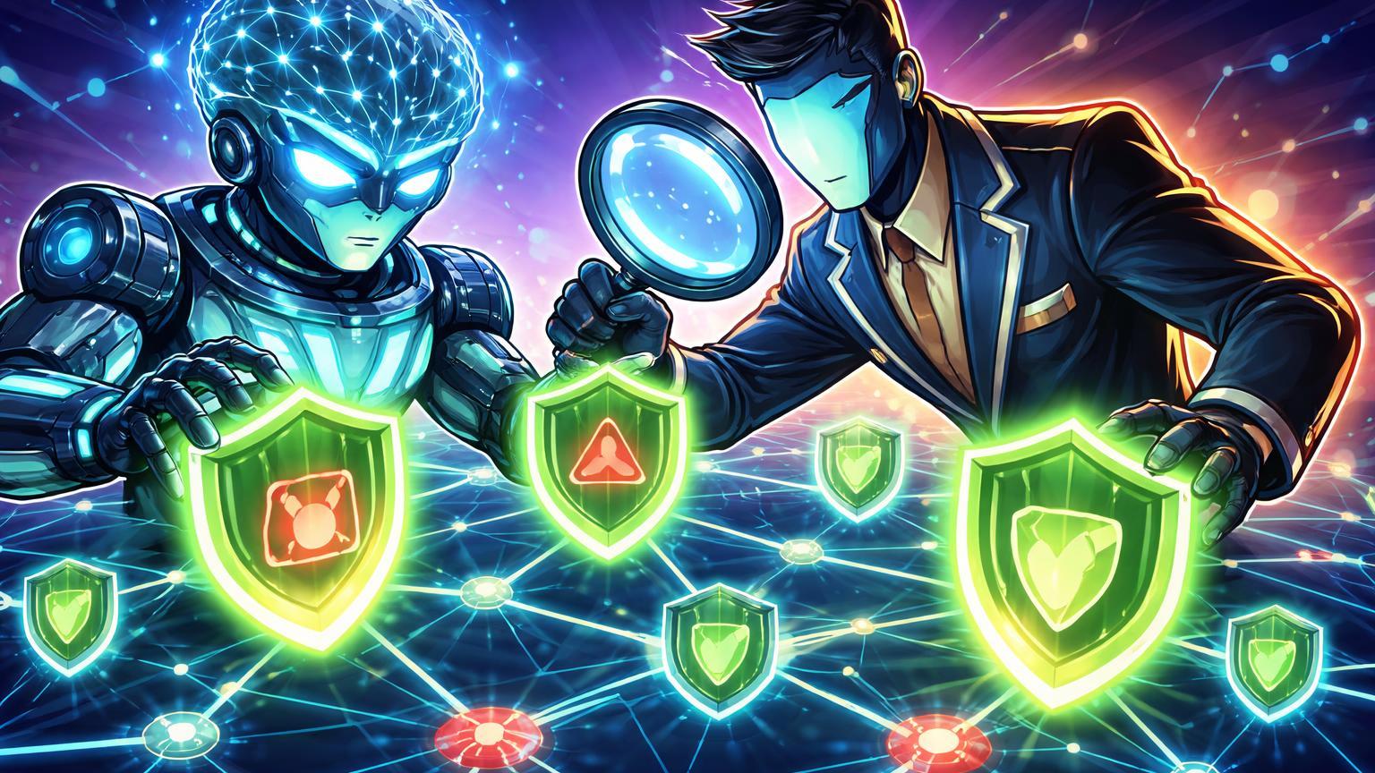 Personagens cartoon de IA e visionário tech blindando rede de contratos DeFi contra vulnerabilidades, simbolizando EVMbench