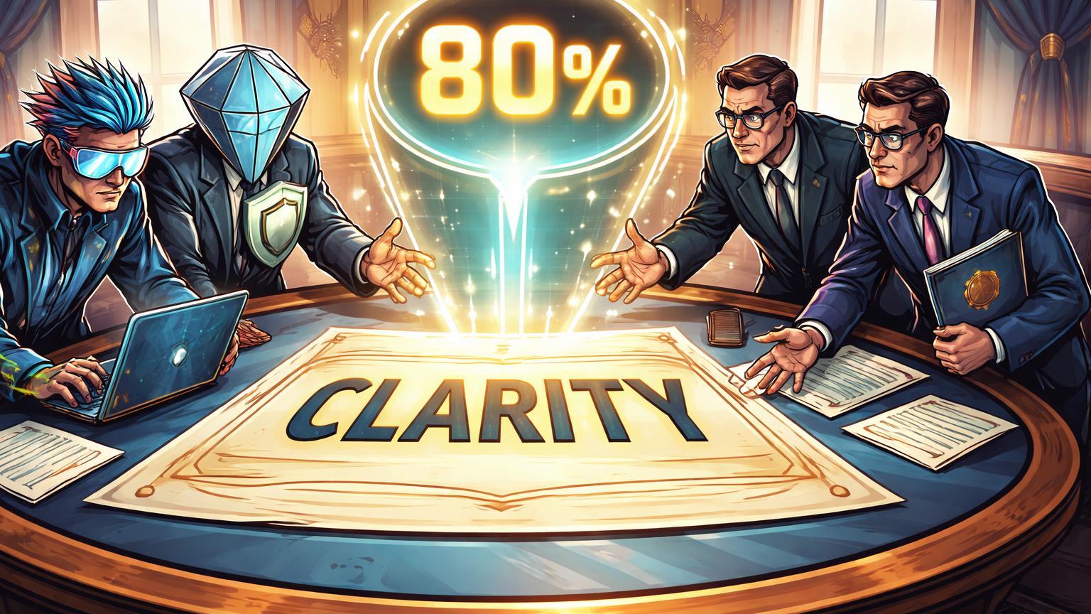 Executivos cartoon de cripto e burocratas negociando documento CLARITY na Casa Branca, com 80% flutuando simbolizando chance de aprovação regulatória