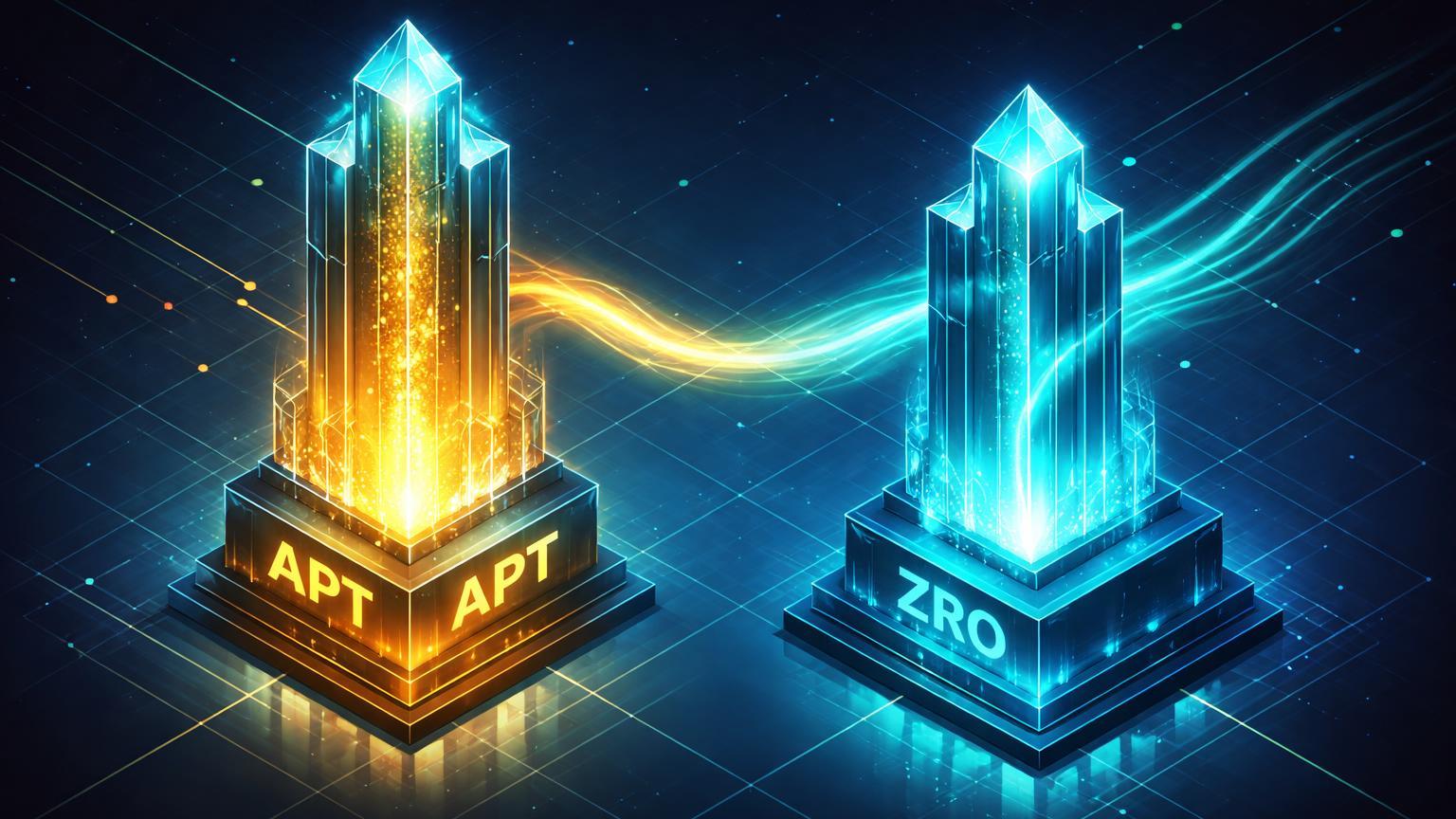 Torres cristalinas isométricas de APT e ZRO se fortalecendo com fluxos deflacionários, simbolizando tokenomics para valorizar holders