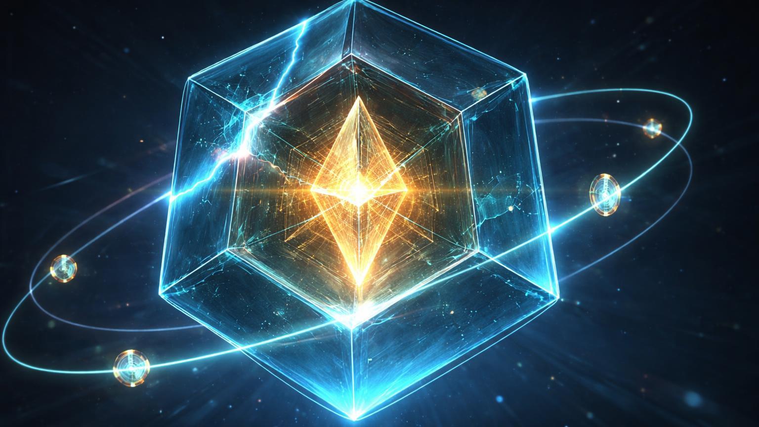 Estrutura hexagonal digital reparada com núcleo dourado pulsante, simbolizando recuperação de hack DNS na OpenEden e marco de 100M XRP tokenizados pela Flare