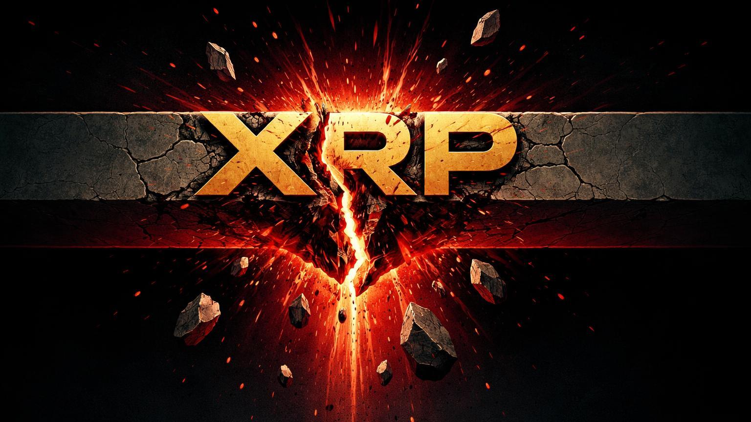 Barreira horizontal massiva rachando com sigla XRP fragmentada, simbolizando rompimento de suporte histórico e corte no preço-alvo do XRP