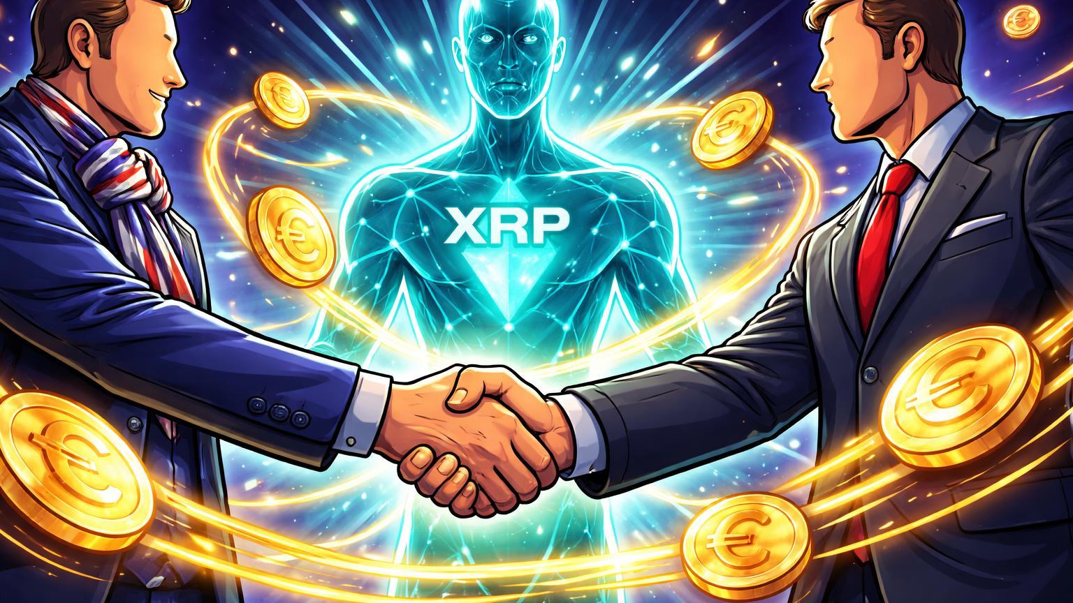 Executivos bancários cartoon europeus conectando mãos com entidade XRP Ledger cyan, stablecoins fluindo, simbolizando adoção institucional