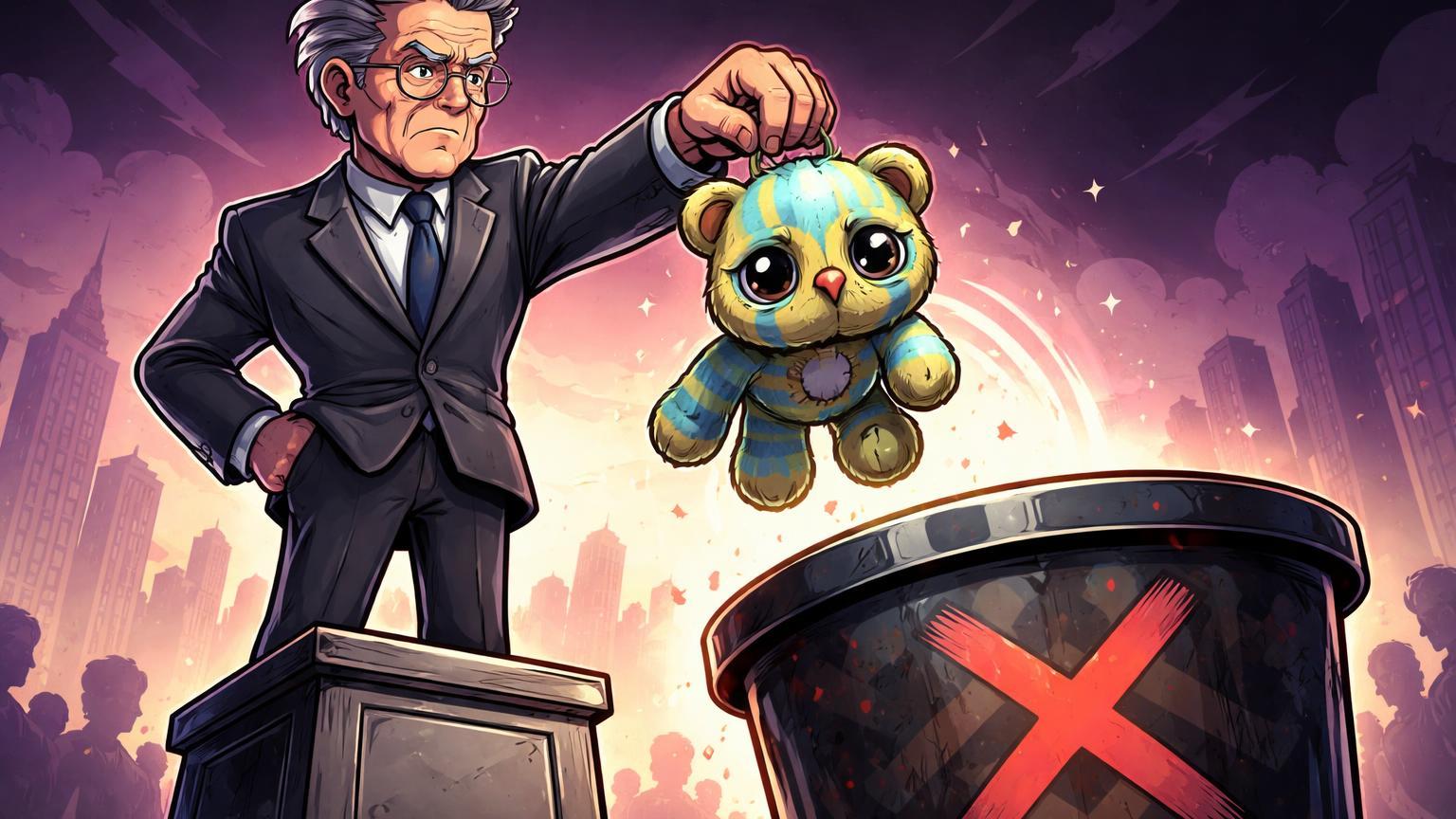 Banqueiro cartoon do Fed descartando Beanie Baby com padrões cripto para lixeira, satirizando crítica de Neel Kashkari à utilidade das criptomoedas