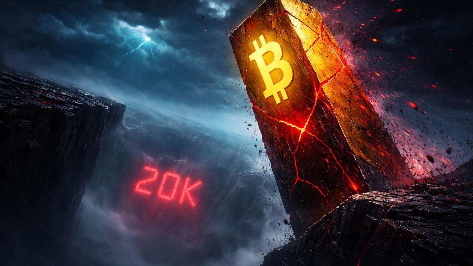 Monolito dourado rachado à beira de precipício digital com '20K' no abismo, alertando risco de queda do Bitcoin
