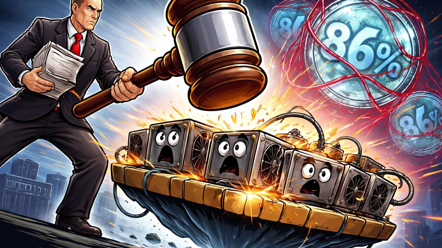 Burocrata cartoon russo processando plataforma de mineração BitRiver com martelo judicial e redes de sanções em stablecoins, ilustrando cerco global