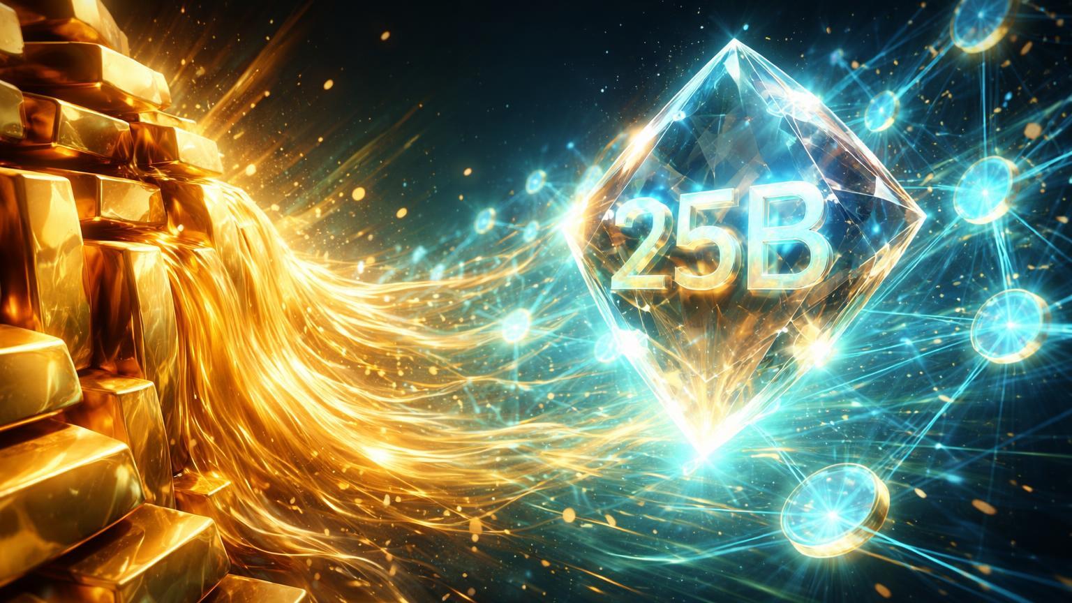 Barras de ouro derretendo em rede cristalina translúcida com 25B central, simbolizando tokenização bilionária de RWA pela Kraken e Tether