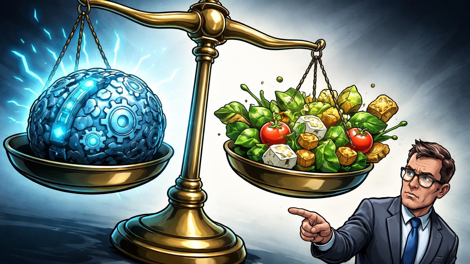 Balança cartoon com engrenagem IA pesada superando salada caótica de elementos cripto, banqueiro cético observando, criticando hype do Fed