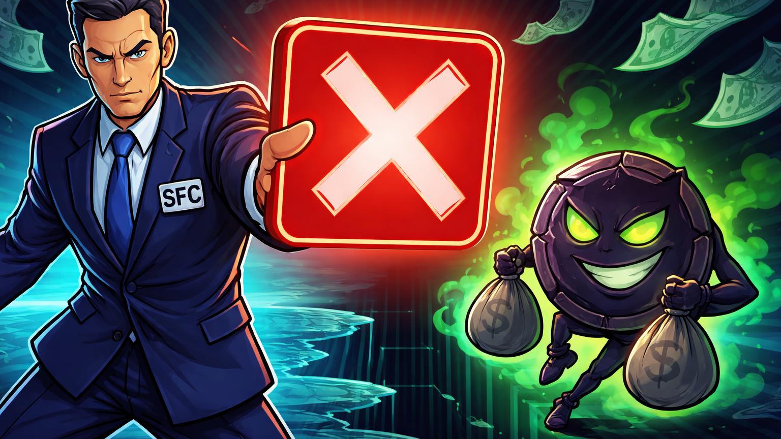 Figura regulatória cartoon bloqueando token suspeito com sinal de alerta vermelho 'X', alertando riscos de scam no criptomercado pela SFC de Hong Kong