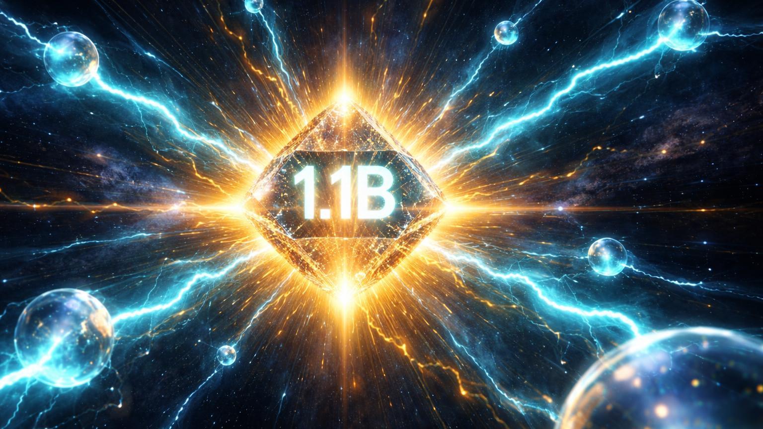 Rede cósmica de raios cyan conectando nós sobre núcleo Bitcoin com 1.1B holográfico, simbolizando escala de US$ 1,1 bi na Lightning Network