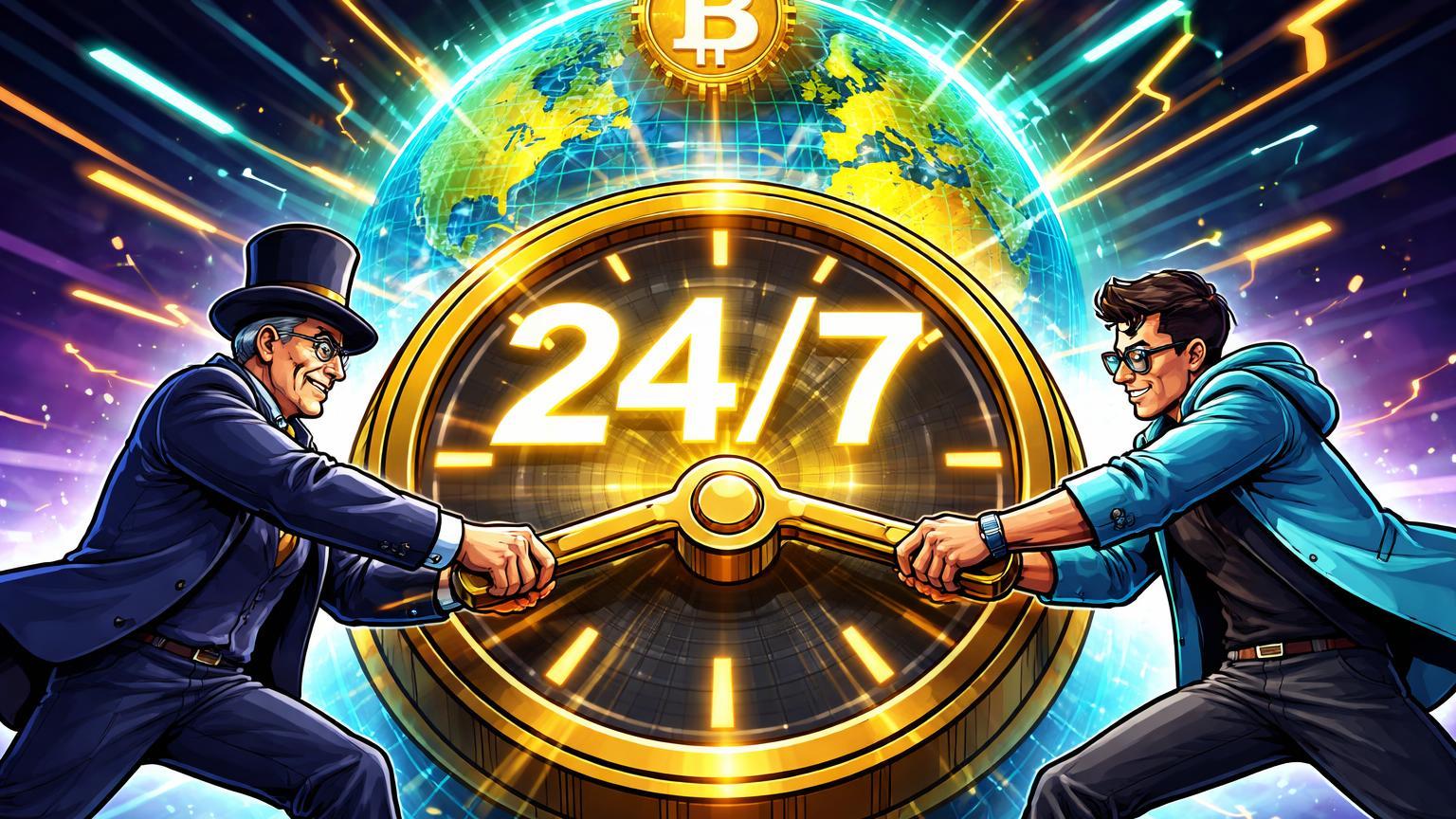 Executivos cartoon ativando relógio global com 24/7 luminoso e Bitcoin pulsando, simbolizando trading ininterrupto da CME Group