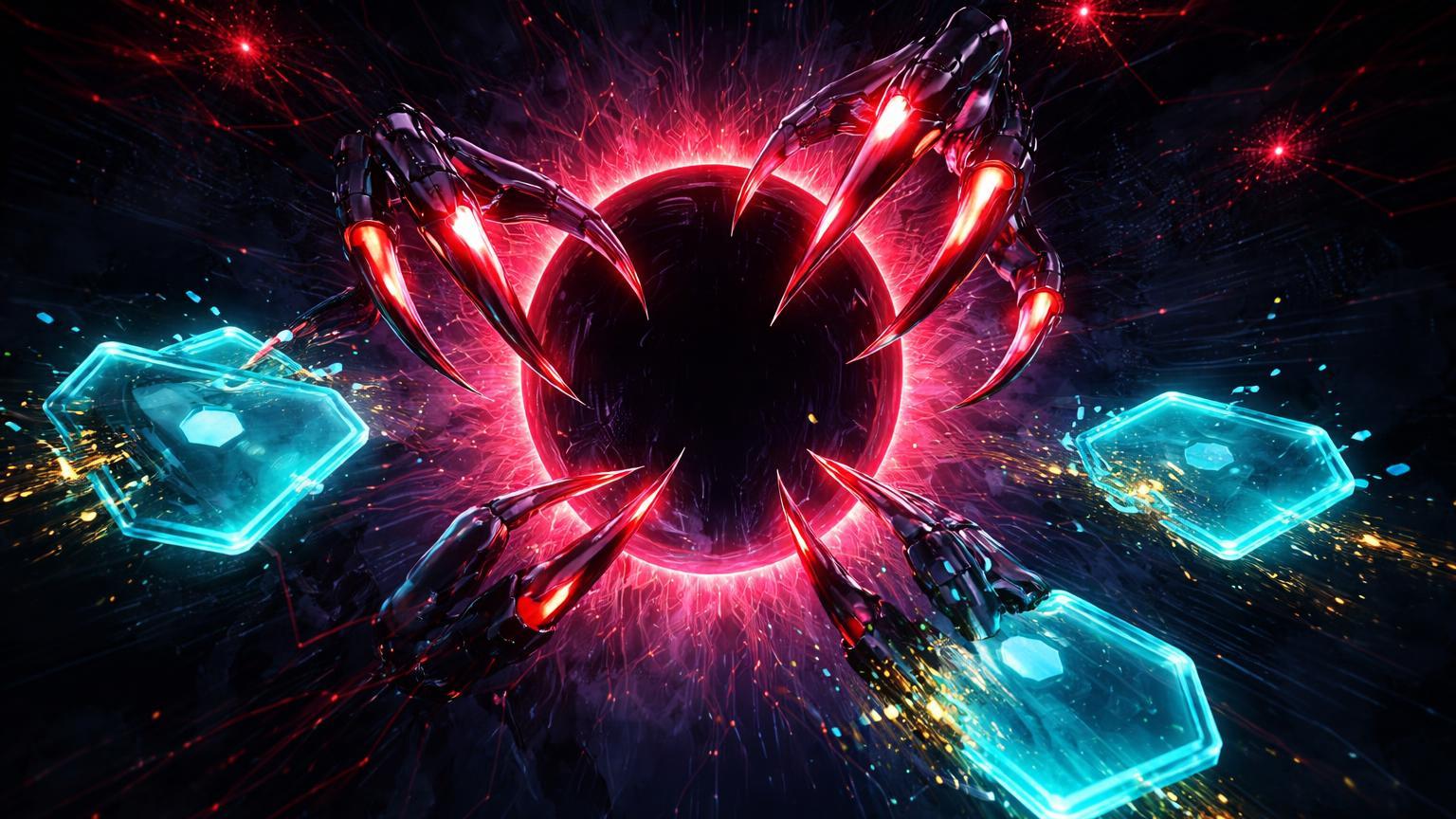 Garras cibernéticas neon vermelhas emergindo de portal digital capturando carteiras cripto fragmentadas, alertando sobre plugins IA maliciosos