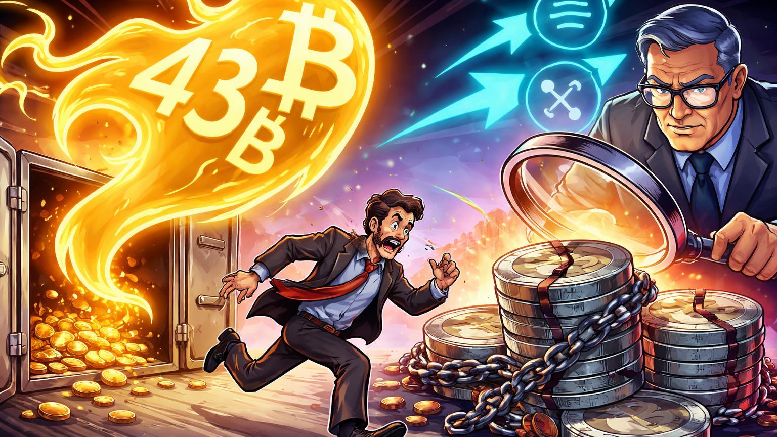 Gerente cartoon perseguindo fantasma BTC de 43B escapando de cofre, stablecoins sob lupa regulatória e rotação para Solana e XRP