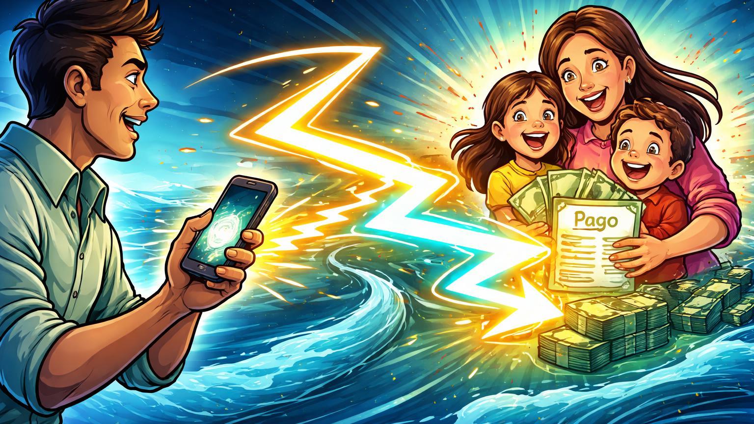 Personagens cartoon conectados por raio Lightning dourado-cyan transformando Bitcoin em dólares, simbolizando remessas internacionais rápidas para brasileiros