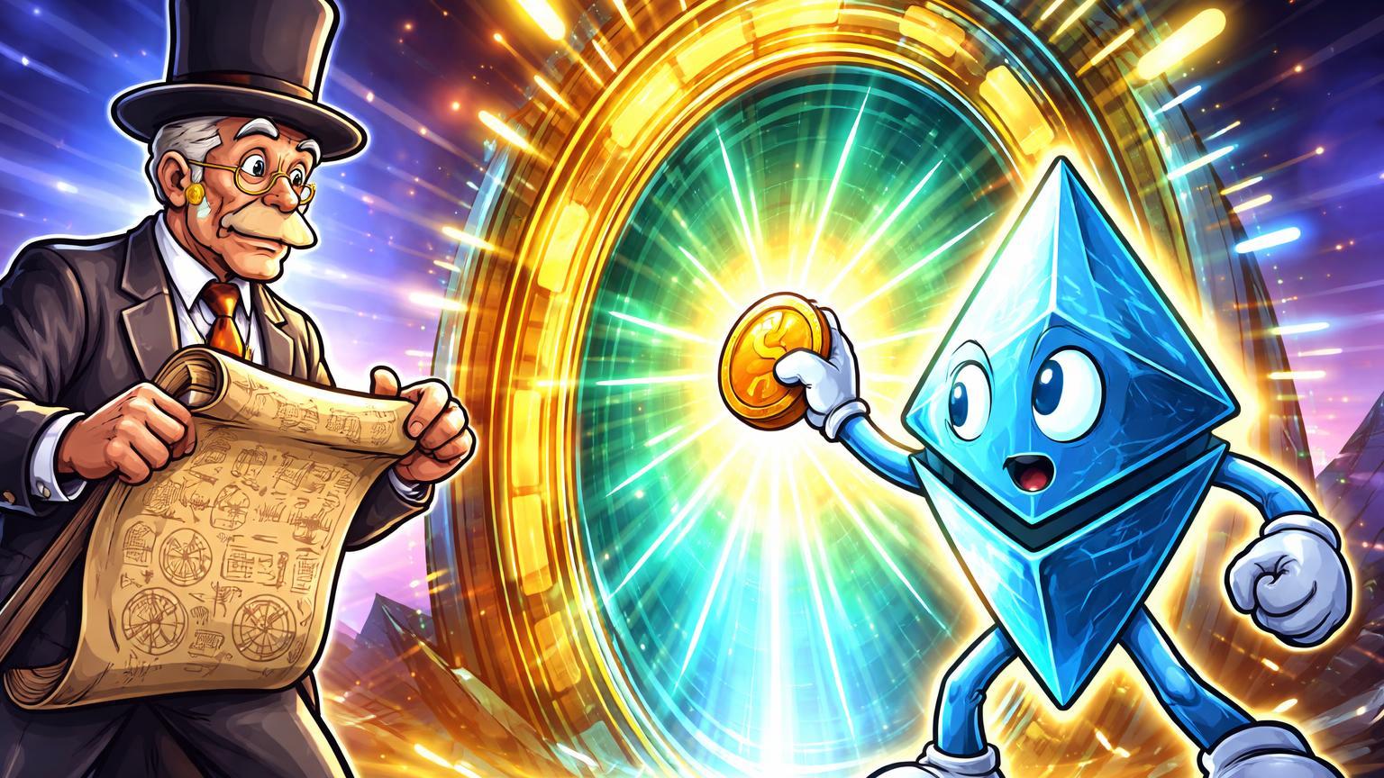 Banqueiro TradFi cartoon e personagem Ethereum ativando portal de tokenização, simbolizando adoção on-chain por BNP Paribas