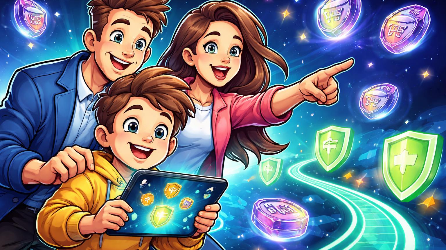 Família cartoon com pais supervisionando filho em app cripto educativo, tokens TRUTH caindo, simbolizando aprendizado seguro para jovens