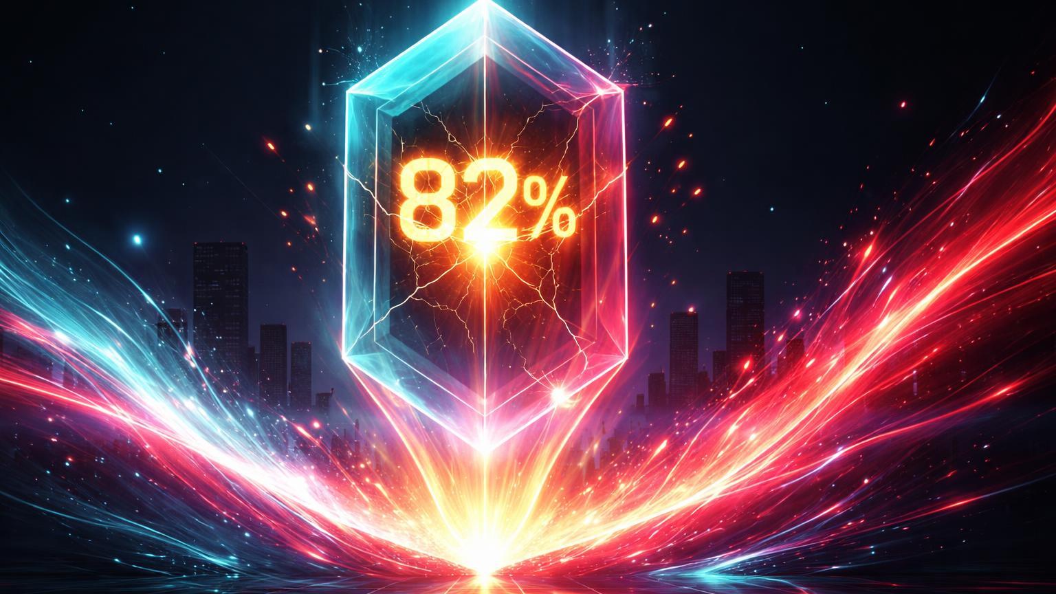 Prisma AZTEC elevado por onda neon vermelha e cyan com 82% luminoso emergindo, simbolizando alta explosiva pelo efeito Coreia em Upbit e Bithumb