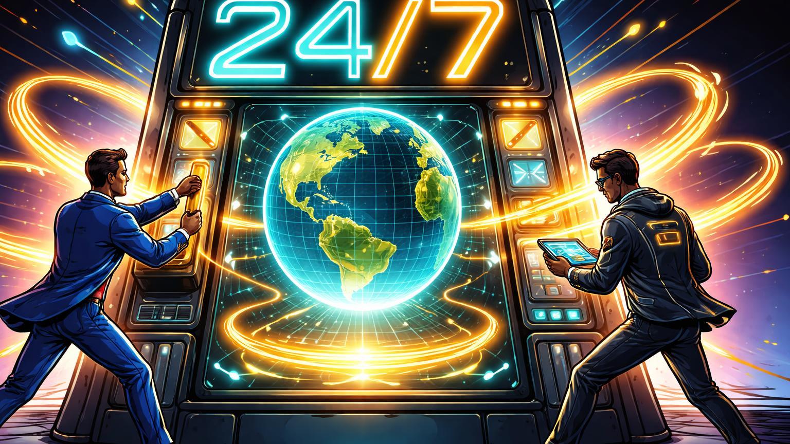 Executivos cartoon ativando painel 24/7 com globo digital iluminado e fluxo dourado, celebrando lançamento de trading cripto na CME