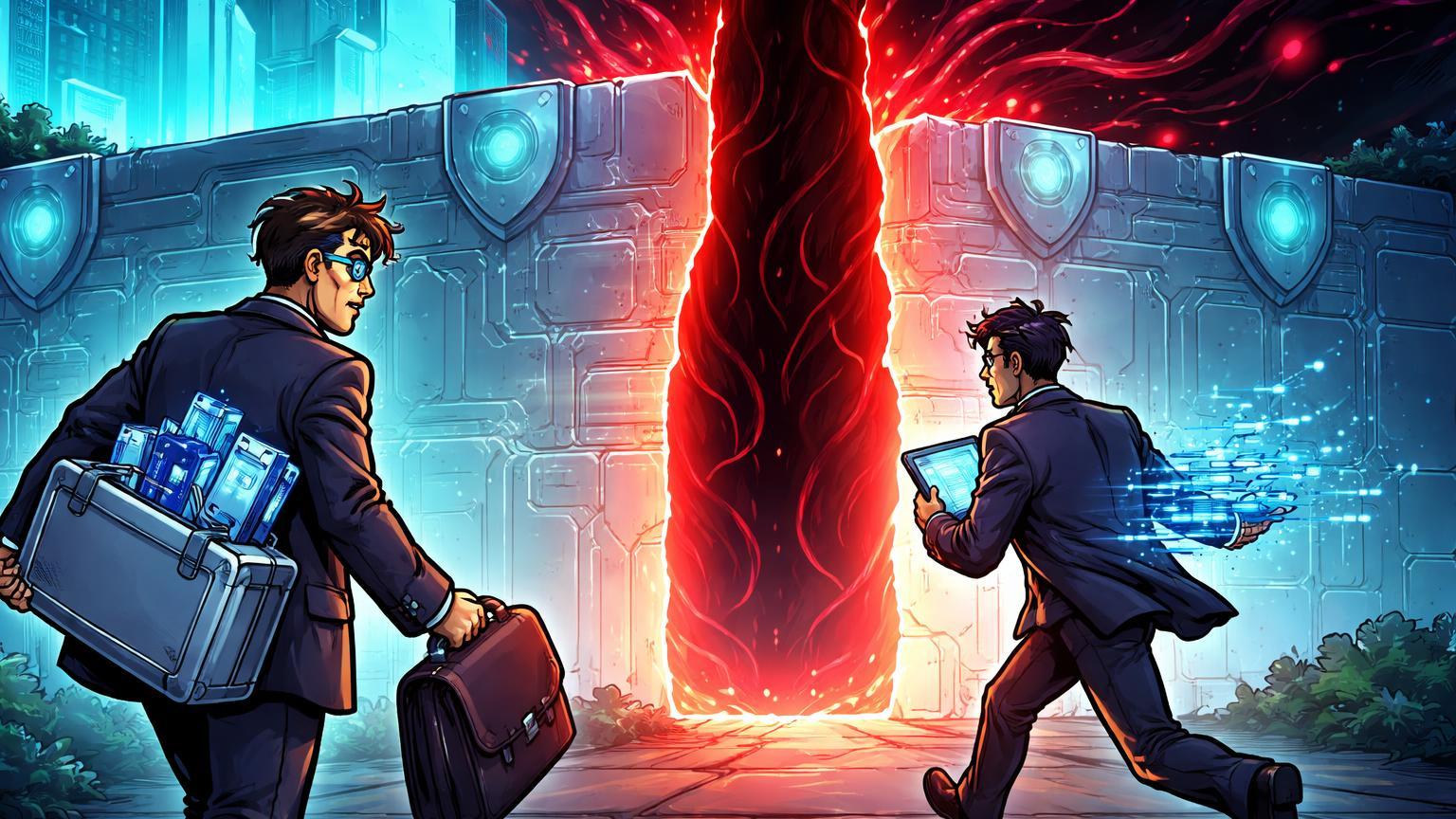 Engenheiros cartoon carregando dados roubados por brecha em muro de segurança cyan para vazio vermelho, simbolizando espionagem da Google ao Irã