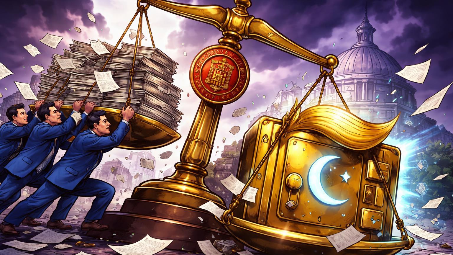 Burocratas democratas cartoon pressionando balança com documentos sobre cofre cripto Trump, simbolizando pressão política do Tesouro contra projeto familiar