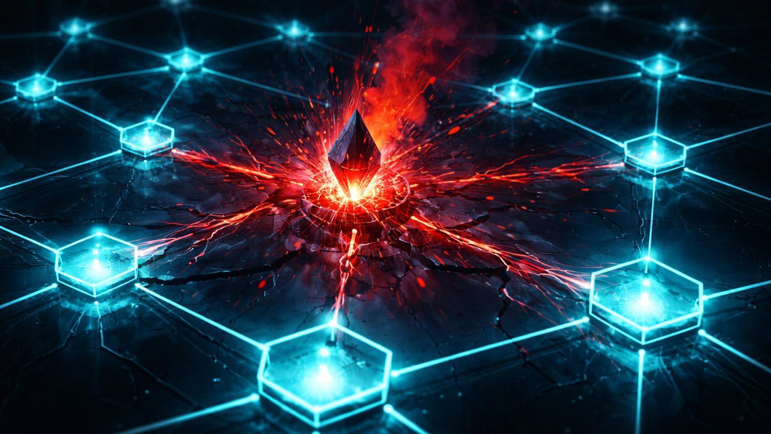 Rede hexagonal Ethereum com toxina vermelha se espalhando de nó central, representando ataques de envenenamento apos upgrade Fusaka