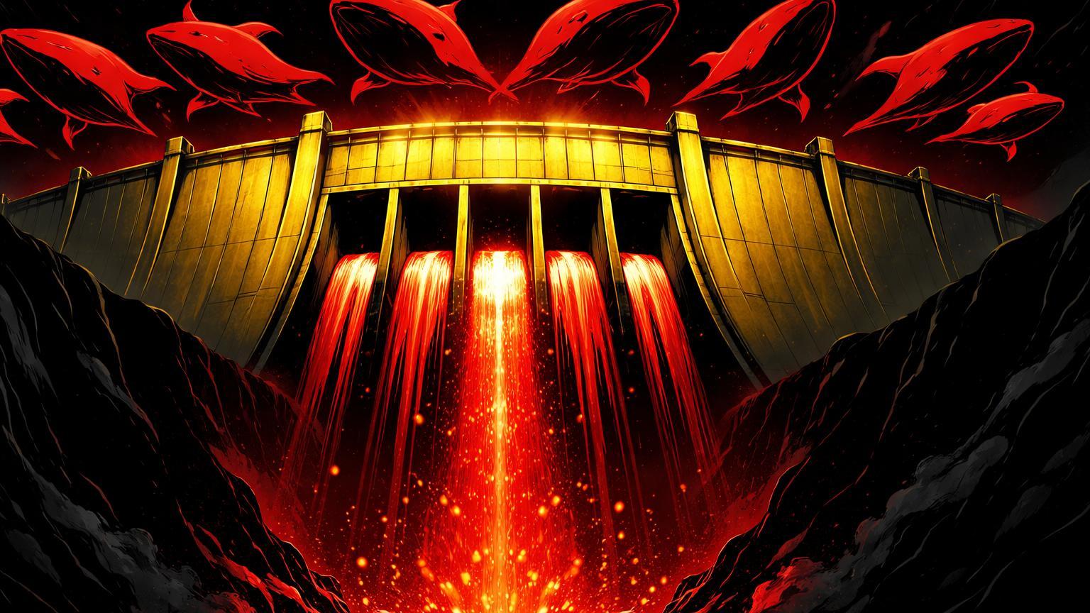 Reservatório dourado de ETFs drenando fluxo vermelho controlado por silhuetas de baleias, simbolizando saídas recordes e pressão vendedora no Bitcoin