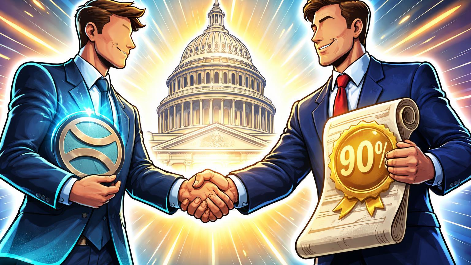 Personagens cartoon de Ripple e regulador da Casa Branca apertando mãos com selo 90% em pergaminho, simbolizando aprovação iminente da CLARITY Act para XRP