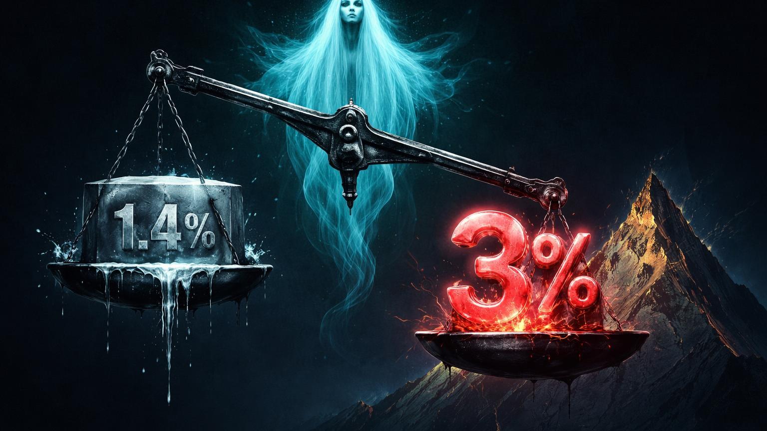 Balança brutalista desequilibrada com bloco PIB 1.4% derretendo e glifo PCE 3% inflando, fantasma de estagflação pairando sobre Bitcoin