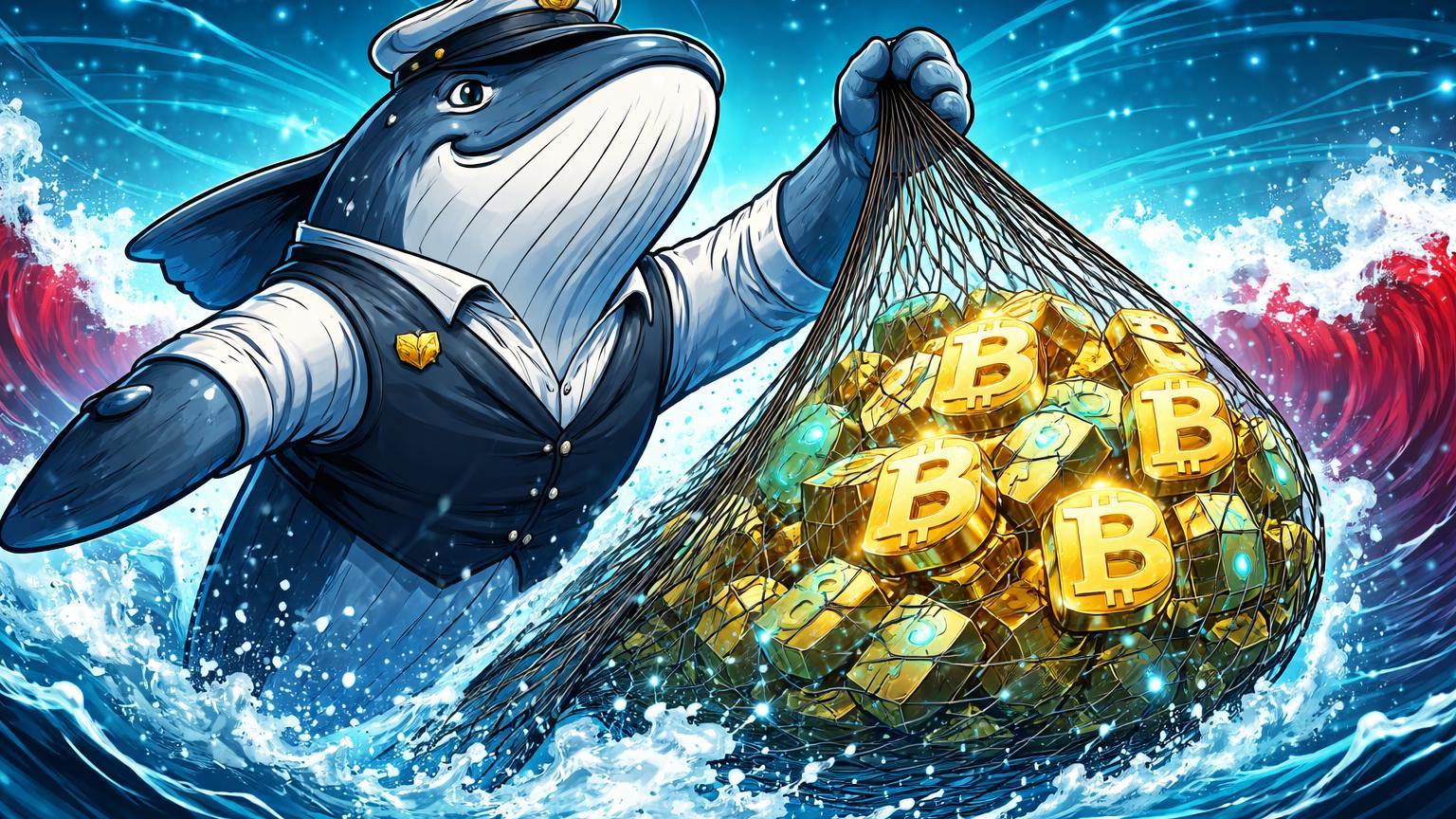 Baleia cartoon colossal emergindo de oceano turbulento com rede de BTC dourados, ignorando ondas vermelhas de queda e simbolizando acumulação institucional