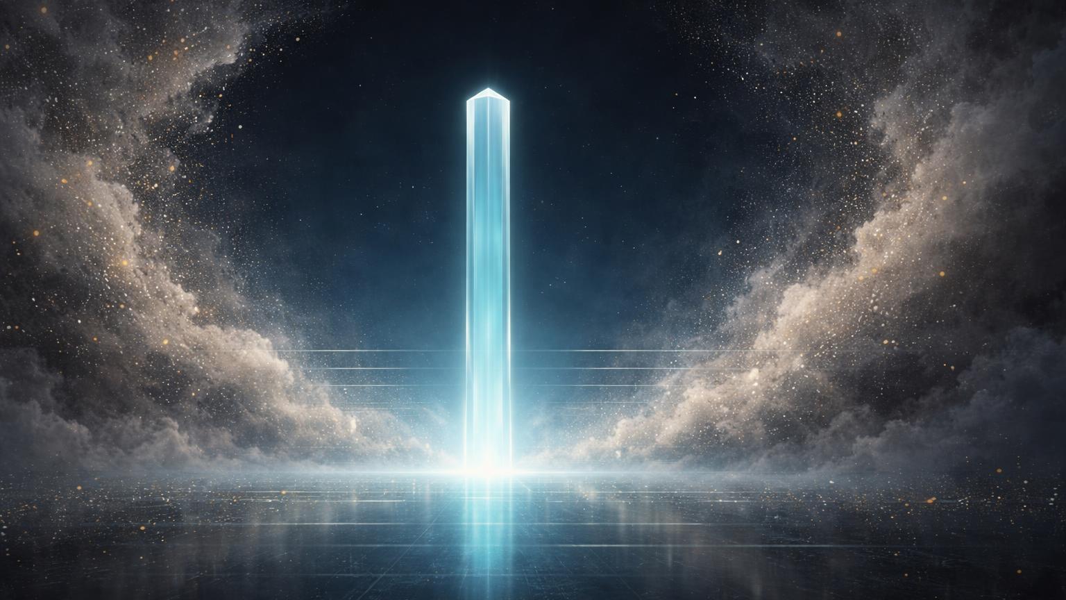 Nuvem de poeira digital dissipando-se e revelando pilar cristalino estável, simbolizando calmaria no preço Bitcoin pós-expiração de US$ 2 bi em opções