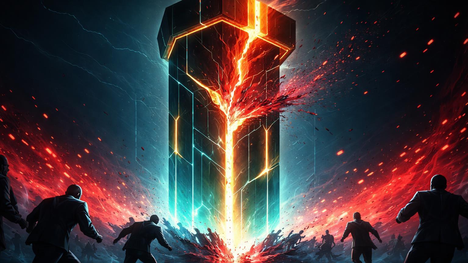 Pilar de confiança digital rachando com explosao vermelha, bloco laranja e particulas de panico, ilustrando crise por falha Bithumb e tarifas Trump