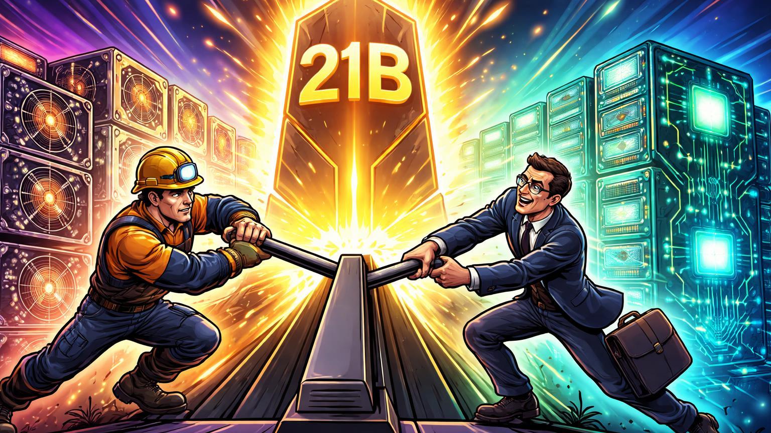 Executivos cartoon puxando alavanca para transformar rigs de mineração em data centers IA com '21B' emergente, simbolizando pivô da Riot Platforms