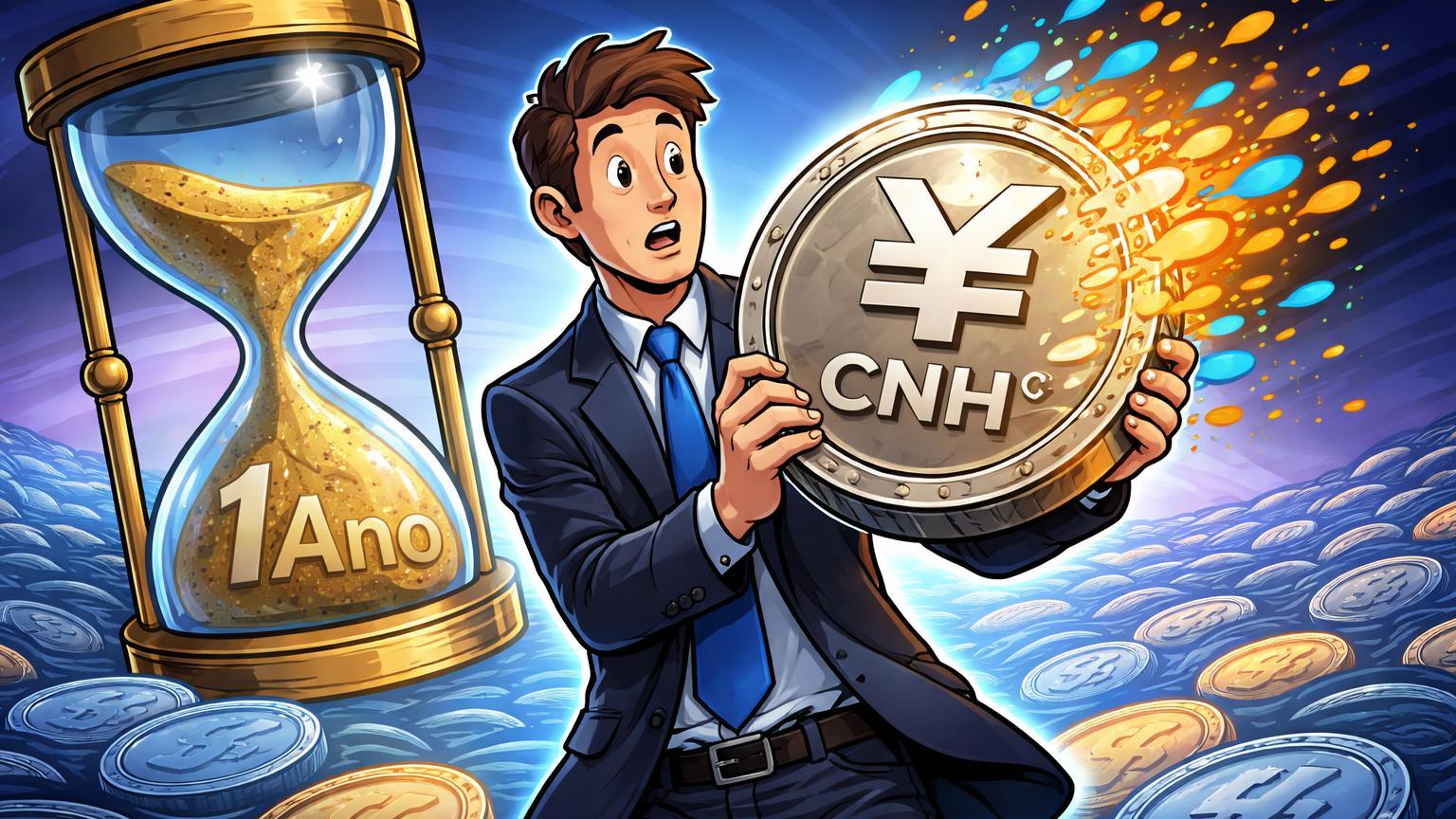 Investidor cartoon segurando stablecoin CNH⌐ dissolvendo com relógio de 1 ano, alertando descontinuação do Tether para usuários