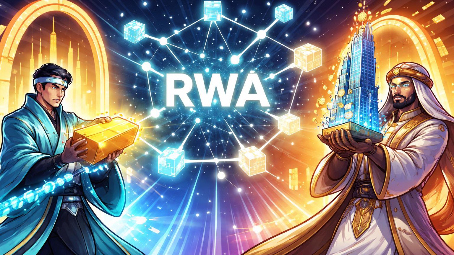 Personagens cartoon de Hong Kong e Dubai tokenizando ouro e arranha-céu em rede RWA central, liderando revolução de ativos reais on-chain