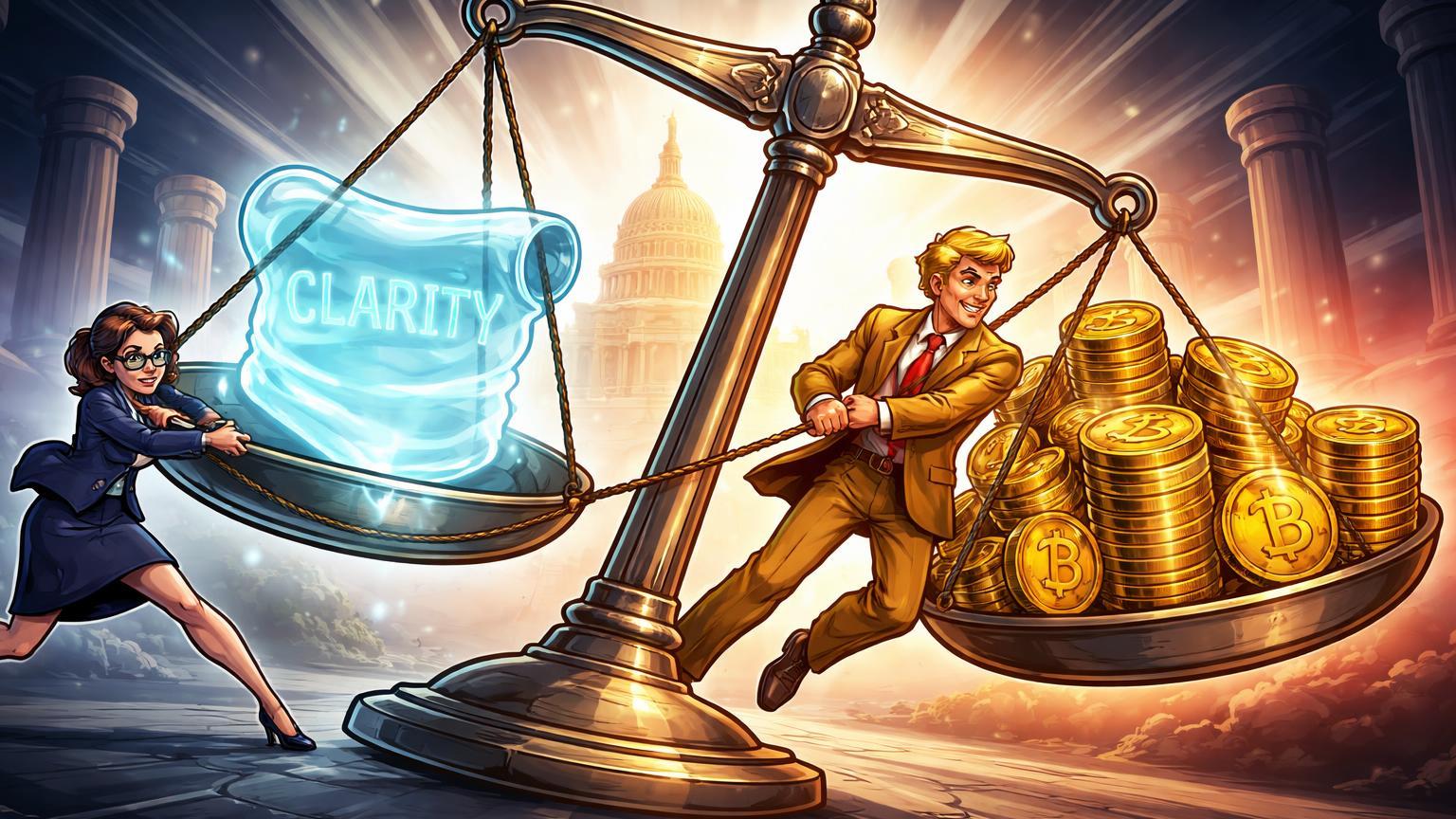 Balança legislativa desequilibrada com moedas douradas Trump pesando contra pergaminho CLARITY puxado por CEO cartoon, ilustrando tensões no Senado EUA
