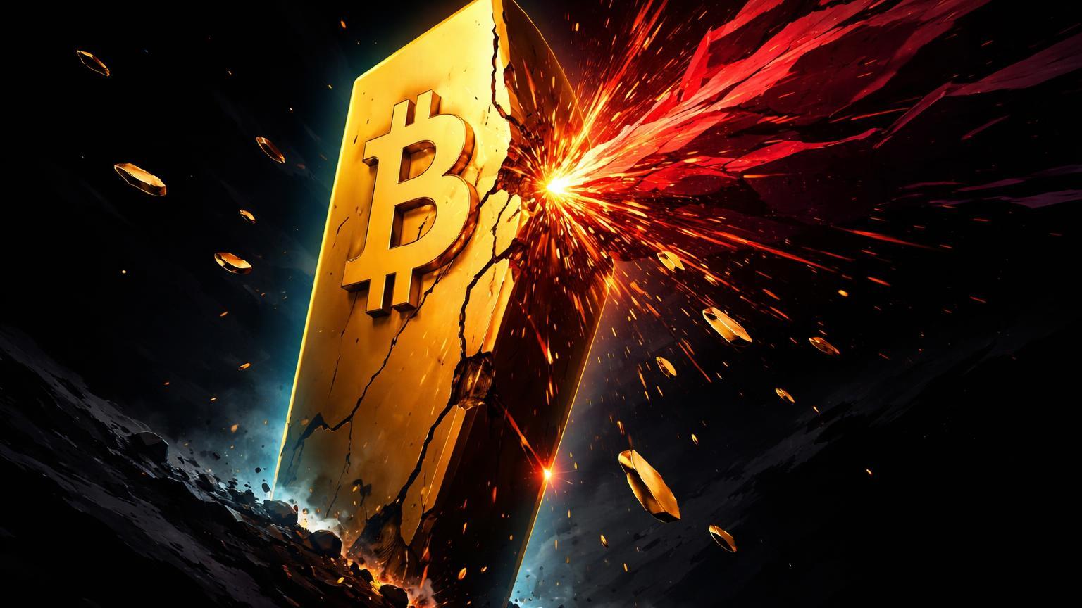 Monolito dourado Bitcoin rachando sob impacto de massa vermelha angular de conflito geopolítico, sinalizando risco de queda para US$ 38 mil