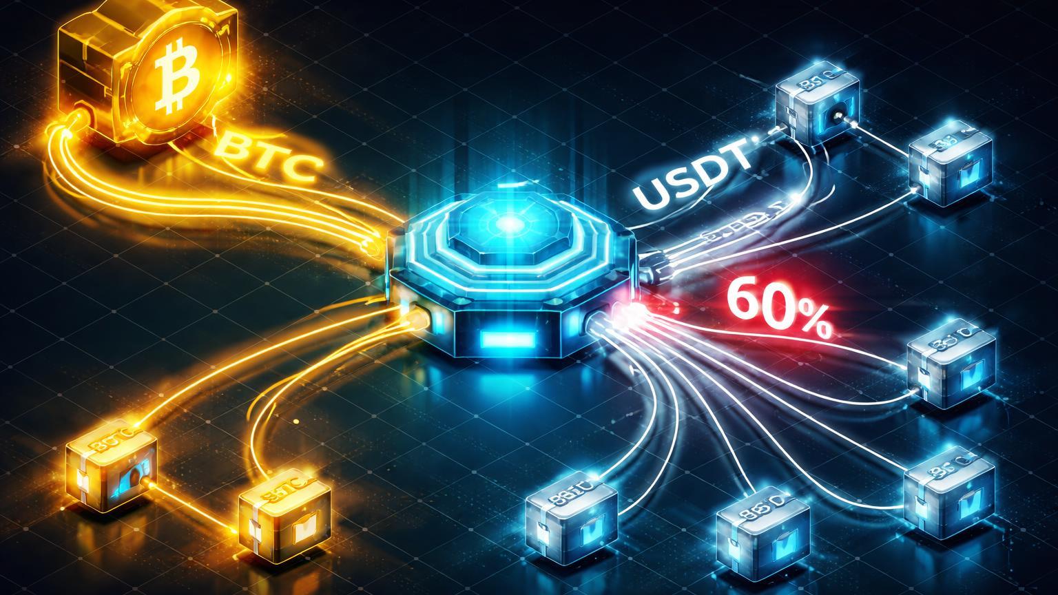 Rede isométrica on-chain com nó whale dourado enviando BTC para hub exchange, convertendo 60% em USDT para 7 carteiras novas, sinalizando venda estratégica