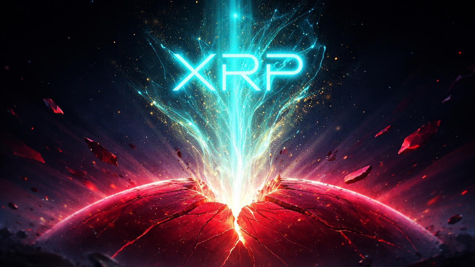 Cúpula vermelha de posições short explodindo em energia cyan XRP e dourada, simbolizando squeeze massivo de liquidações no XRP