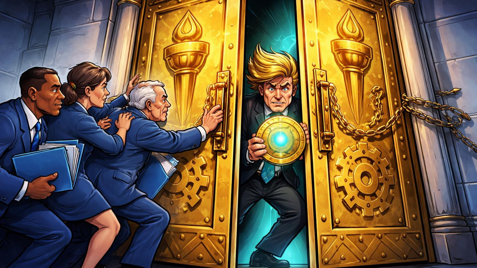 Políticos democratas cartoon bloqueando porta de banco com figura Trump estilizada, ilustrando freio ao projeto WLFI e impasse em stablecoins