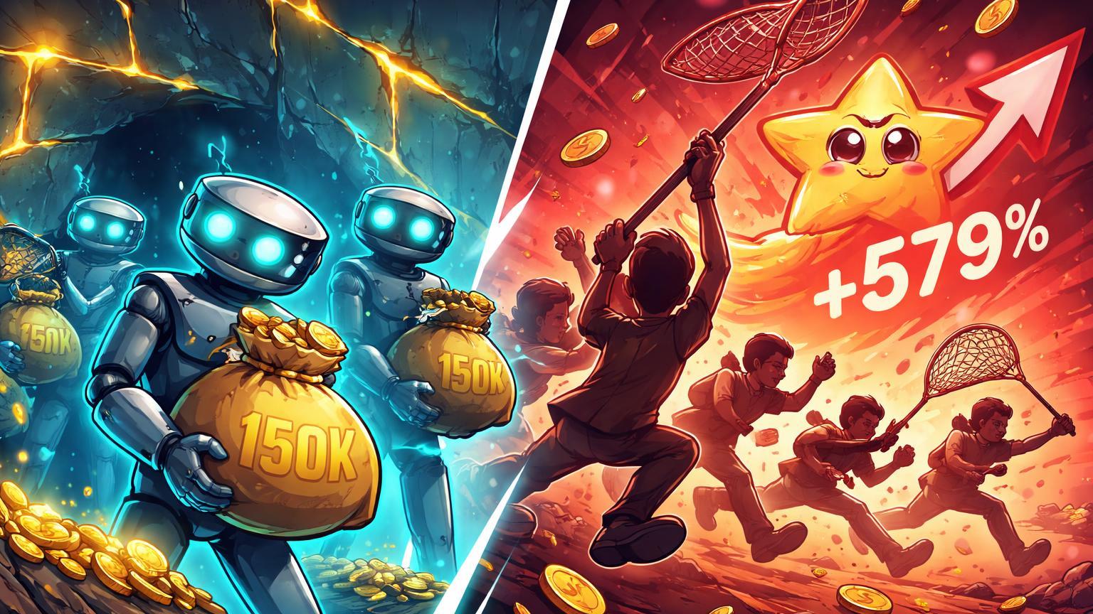 Robôs cartoon elegantes coletando ouro de falhas com 150K enquanto humanos frenéticos caçam estrela Lobstar +579%, satirizando caos cripto